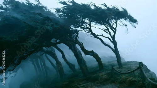 Obraz Wind-bent juniper trees on a foggy coastal bluff at dusk