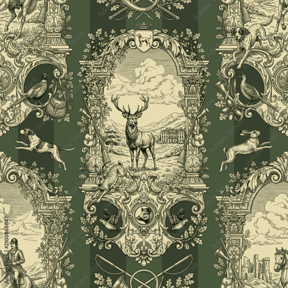Obraz premium Seamless vector pattern with traditional European hunting motifs. Vintage engraving style illustration.