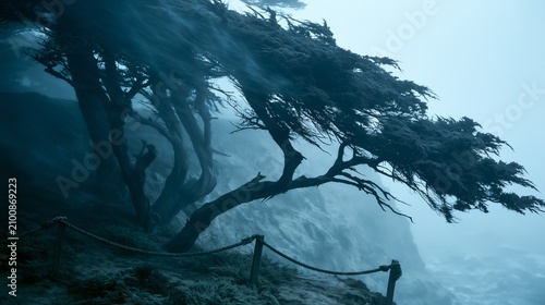 Stormy coastal squall through wind-bent juniper trees at dusk