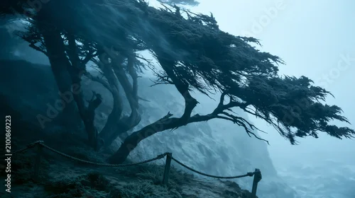 Obraz Stormy coastal squall through wind-bent juniper trees at dusk