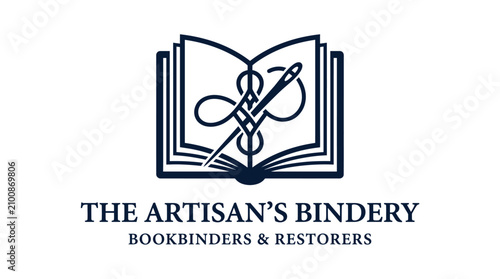 Foto Bookbinders logo with open book and needle thread knot.
