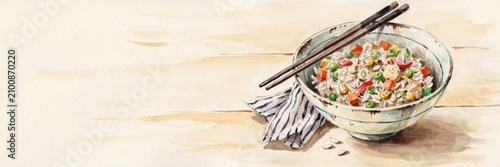 A national dish of Chinese cuisine. 
Cháofàn / Fried rice. The rice is fried with a beaten egg, green peas, carrot pieces, and vegetable or tofu cubes. A banner with space for text.