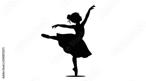 Silhouette of a young ballerina performing a graceful ballet pose on a white background