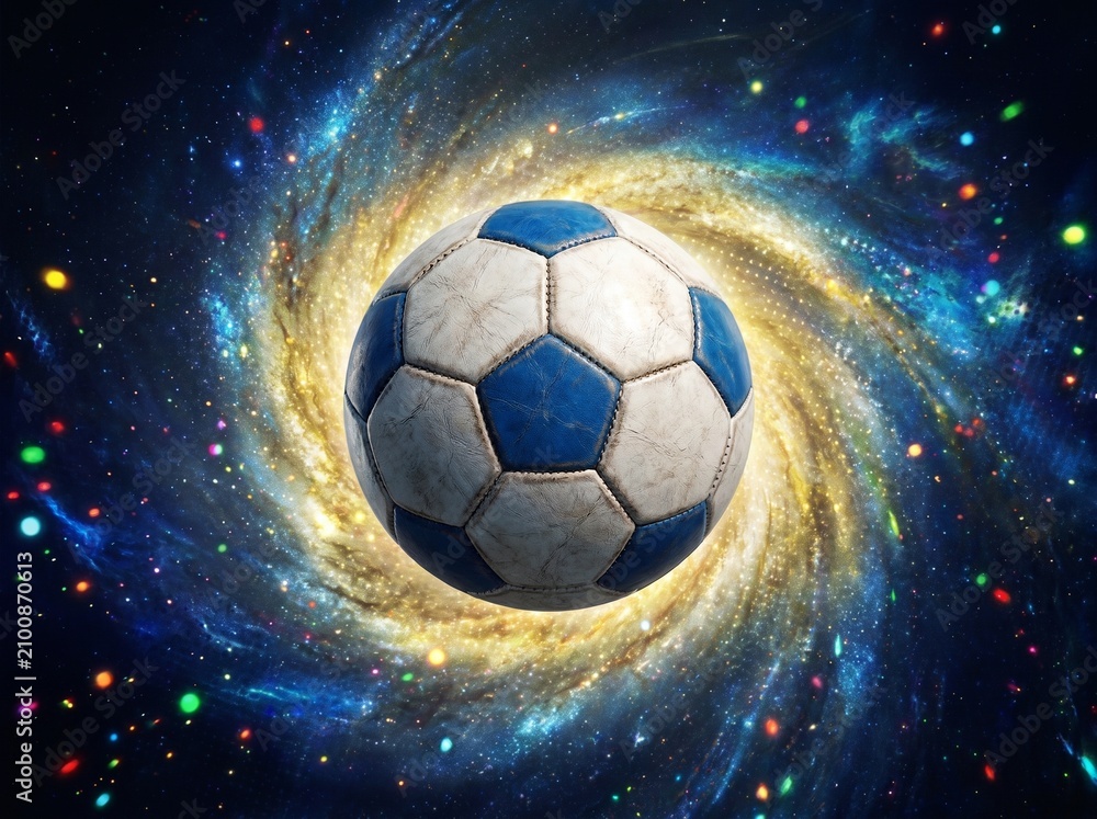 Naklejka premium Cosmic galaxy space futsal background with glowing soccer ball