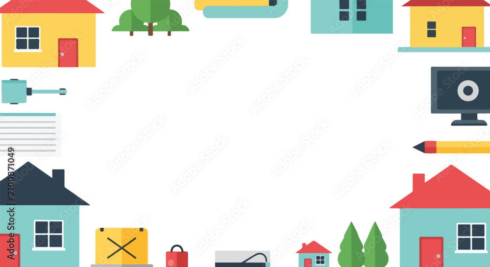 Fototapeta premium A vibrant frame composed of various flat-styled icons like houses, trees, and technology items surrounding a large, white central space.