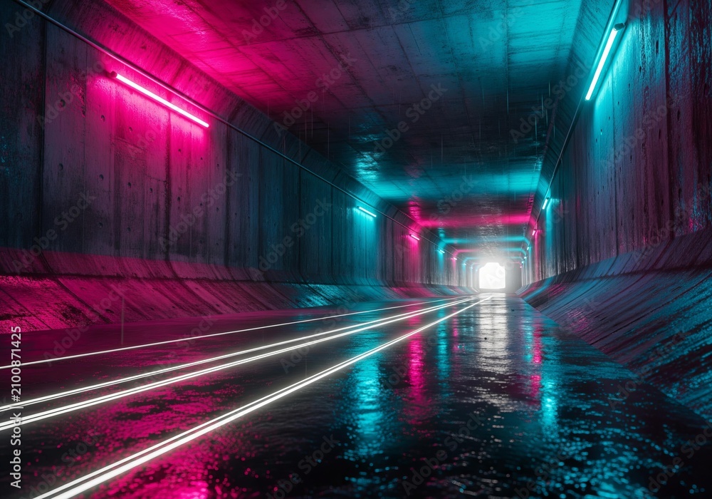 Obraz premium Futuristic tunnel with neon lights and reflections on wet floor