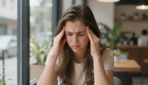 Woman Frustrated Headache Cafe Moment