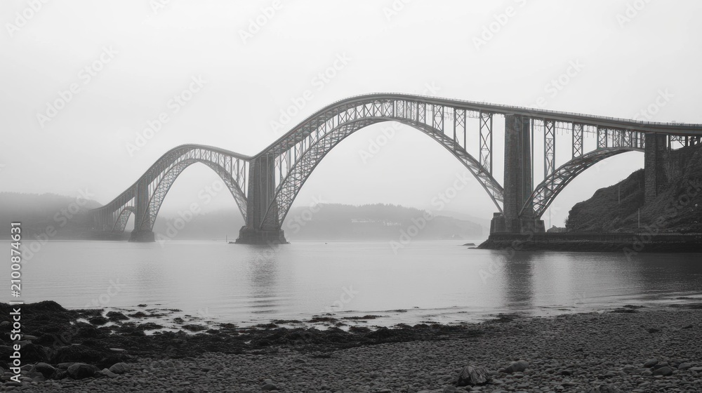 Fototapeta premium Grey metal arch bridge over calm water.