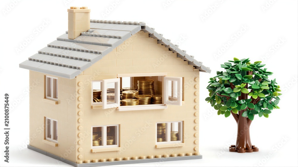 Fototapeta premium Lego house filled with gold coins, beside a green tree.