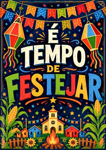 Colorful Brazilian Festa Junina Celebration Poster with Bonfire and Lanterns
