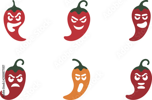 Slika na platnu Chili peppers with different angry and surprised emotive expressions on white ba