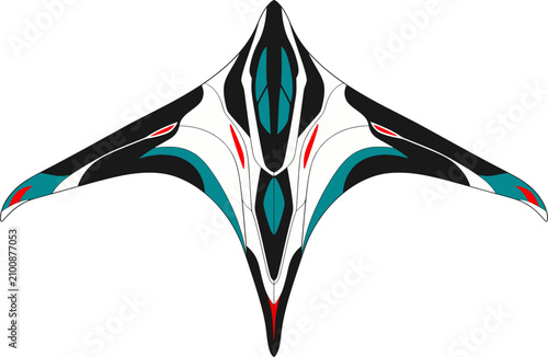 Futuristic white and teal manta ship spaceship, sci-fi cartoon vector illustration isolated on white background, top view