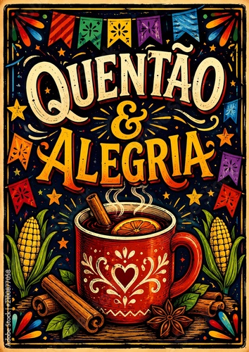 Brazilian Festa Junina Bonfire and Hot Drink Vintage Festival Poster