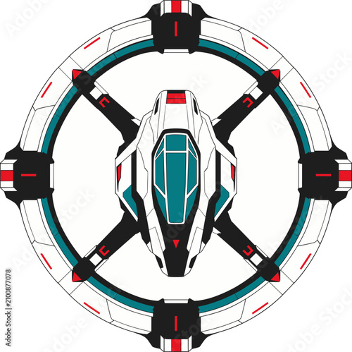 Futuristic white and teal ring ship spaceship, sci-fi cartoon vector illustration isolated on white background, front view