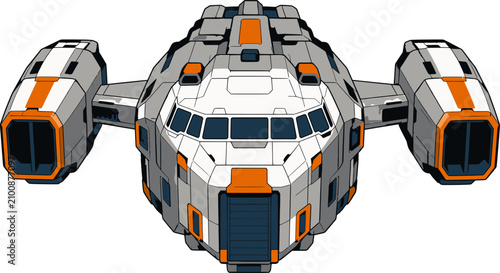 Fotografie Futuristic gray and orange bulky freighter spaceship, sci-fi cartoon vector illu