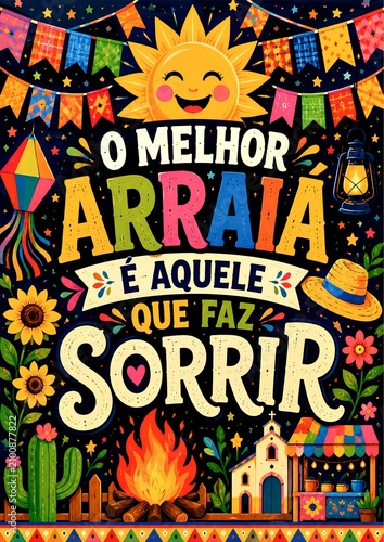 Happy Festa Junina Celebration Poster with Smiling Sun and Bonfire