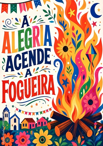 Modern Brazilian Festa Junina Poster with Bonfire Flowers and Folk Art Style