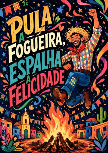Traditional Festa Junina Dance Festival Poster with Bonfire and Folk Costume
