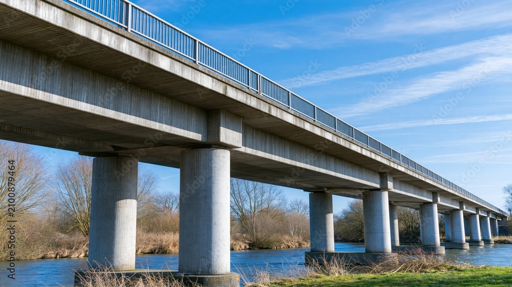 Obraz premium Concrete Viaduct Bridge Spanning a River with Blue Sky and Clouds