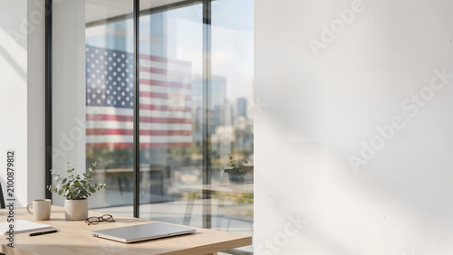 American Flag Seen From Modern Office Window