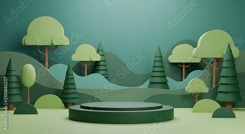 Minimalist 3D forest landscape paper craft display podium with platform minimalist presentation geometric background template decorative creative