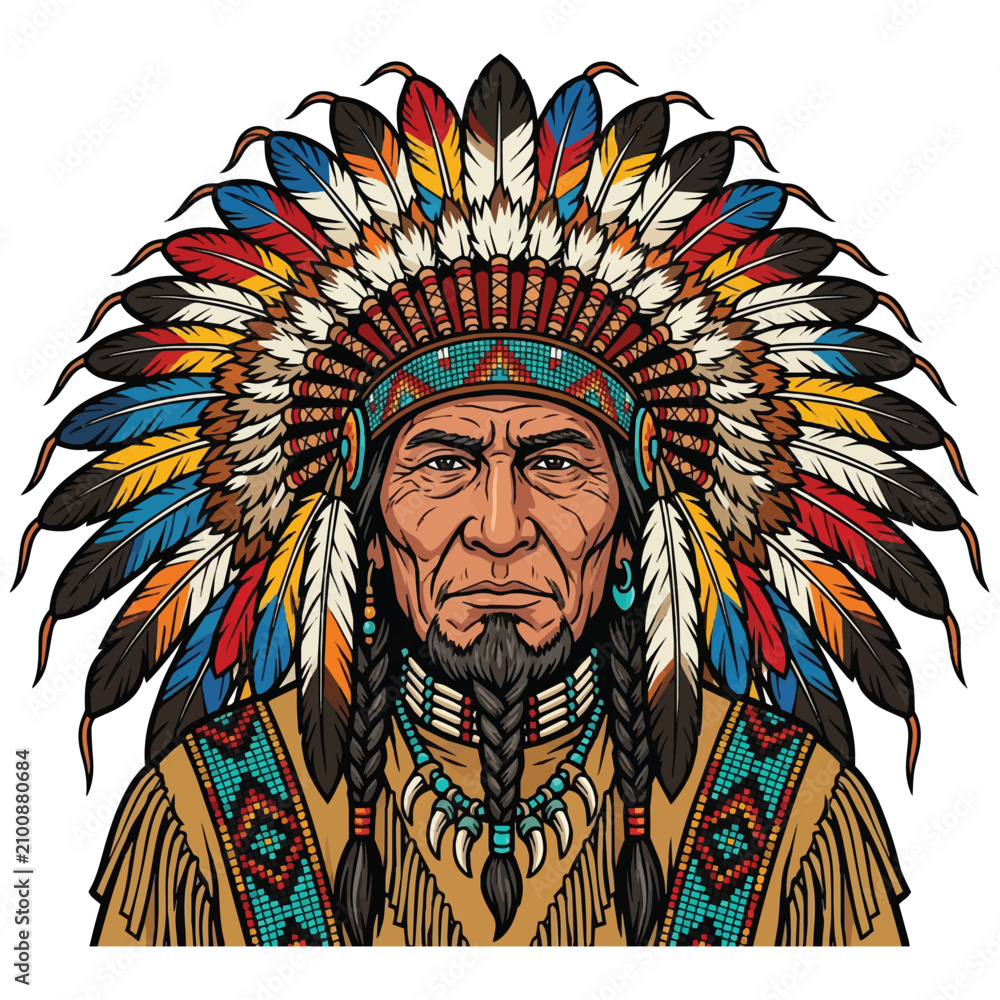 Obraz premium Detailed Illustration of an Indigenous American Leader Wearing a Tribal War Bonnet and Traditional Clothing