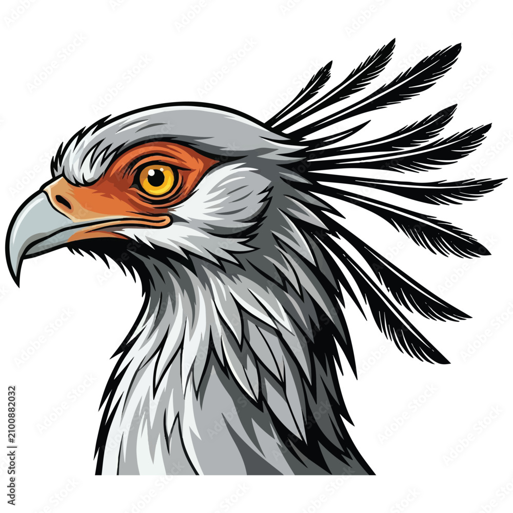 Fototapeta premium Detailed Vector Illustration of a Secretary Bird Head Featuring Vibrant Orange Skin and Intricate Grey Feather Patterns Isolated on White