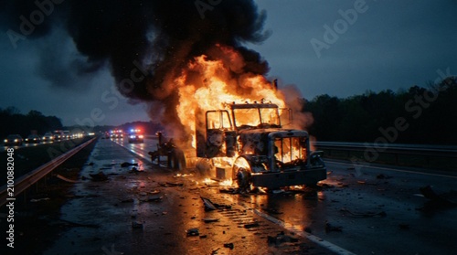 Obraz na plátne A semi-truck engulfed in flames on a highway at night, with emergency vehicle lights visible in the distance and debris scattered across the road