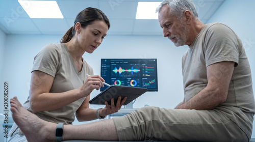 Physical therapist analyzing senior man rehabilitation data tablet