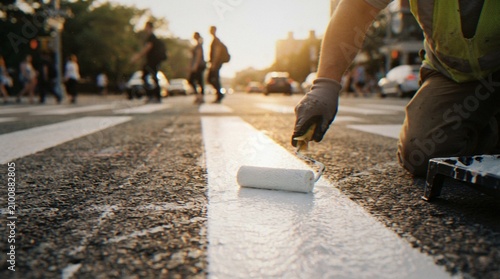 Fotografie A construction worker kneels on an asphalt street, using a paint roller to apply a fresh white line for a pedestrian crosswalk during a golden hour sunset in an urban environment