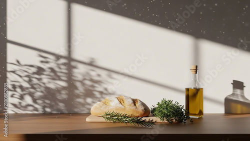Fresh Baked Bread with Olive Oil and Herbs on Wooden Table