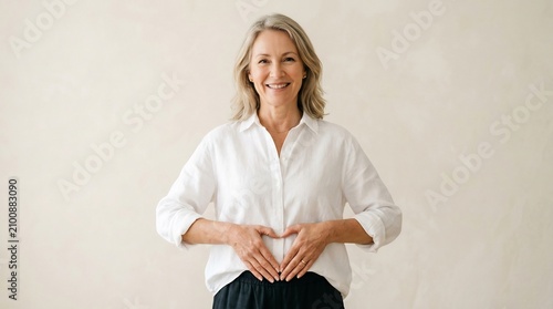 smiling mature woman making heart shape on stomach for gut health