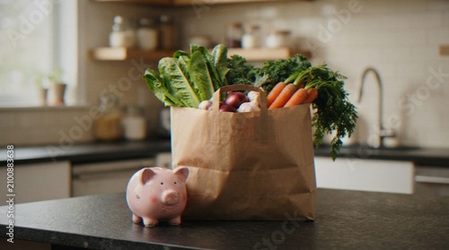 Canvastavla A paper grocery bag filled with fresh vegetables sits on a kitchen counter next to a piggy bank, symbolizing the cost of living and healthy eating choices