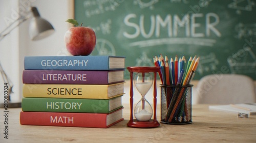 A stack of colorful school books labeled with subjects, an apple, an hourglass, and a pencil holder on a desk with a chalkboard background featuring the word Summer.