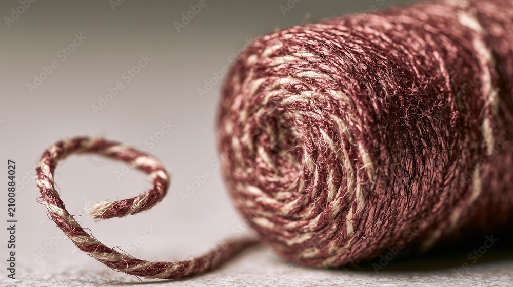 Obraz premium Waxed linen thread coil unraveling in a soft spiral, burgundy tones