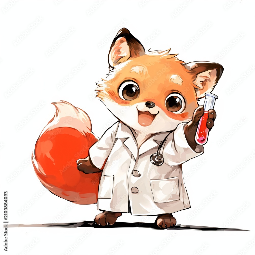 Fototapeta premium Cute little fox wearing doctor coat holding medical test tube with liquid. Cartoon animal character as veterinarian or scientist. Drawing for greeting card, sticker and children poster.
