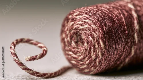 Obraz Waxed linen thread coil unraveling in a soft spiral, burgundy tones