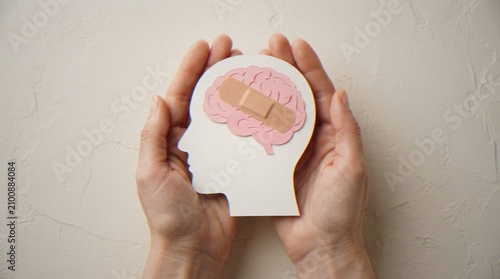 Fotografía A pair of hands gently cradling a paper cutout of a human head and brain featuring a band-aid, representing mental health care and recovery