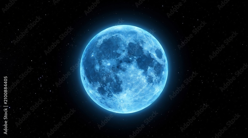 Naklejka premium blue full moon glowing in the dark night sky with stars