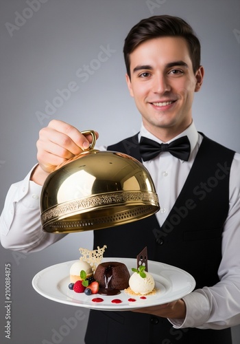 Professional waiter presenting elegant dessert platter with chocolate mousse and berries in upscale dining setting