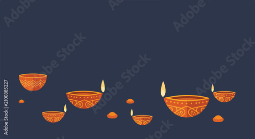 Canvastavla An illustration of several lit decorative oil lamps (diyas) in various sizes against a dark blue background, celebrating the festival of lights