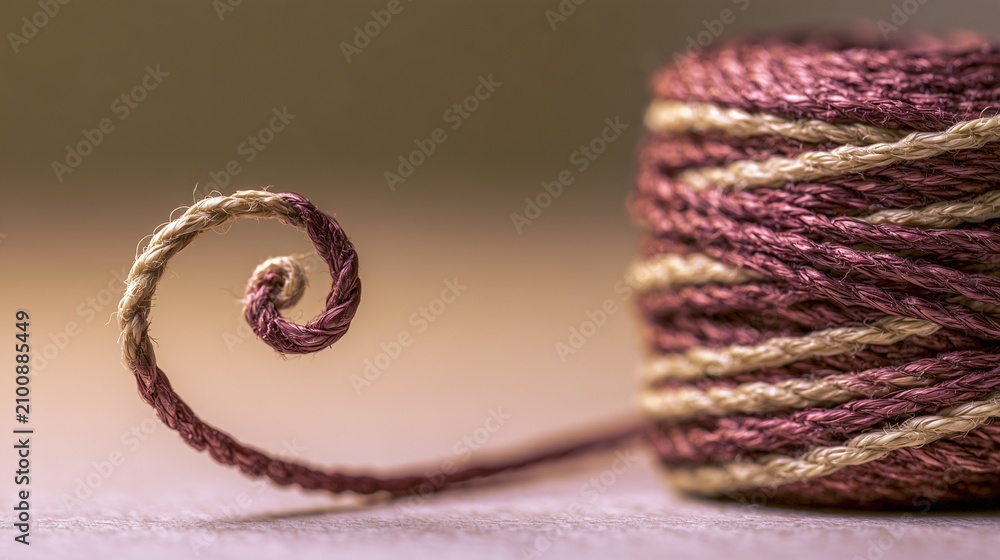 Fototapeta premium Burgundy waxed thread spool unraveling into a graphic spiral coil