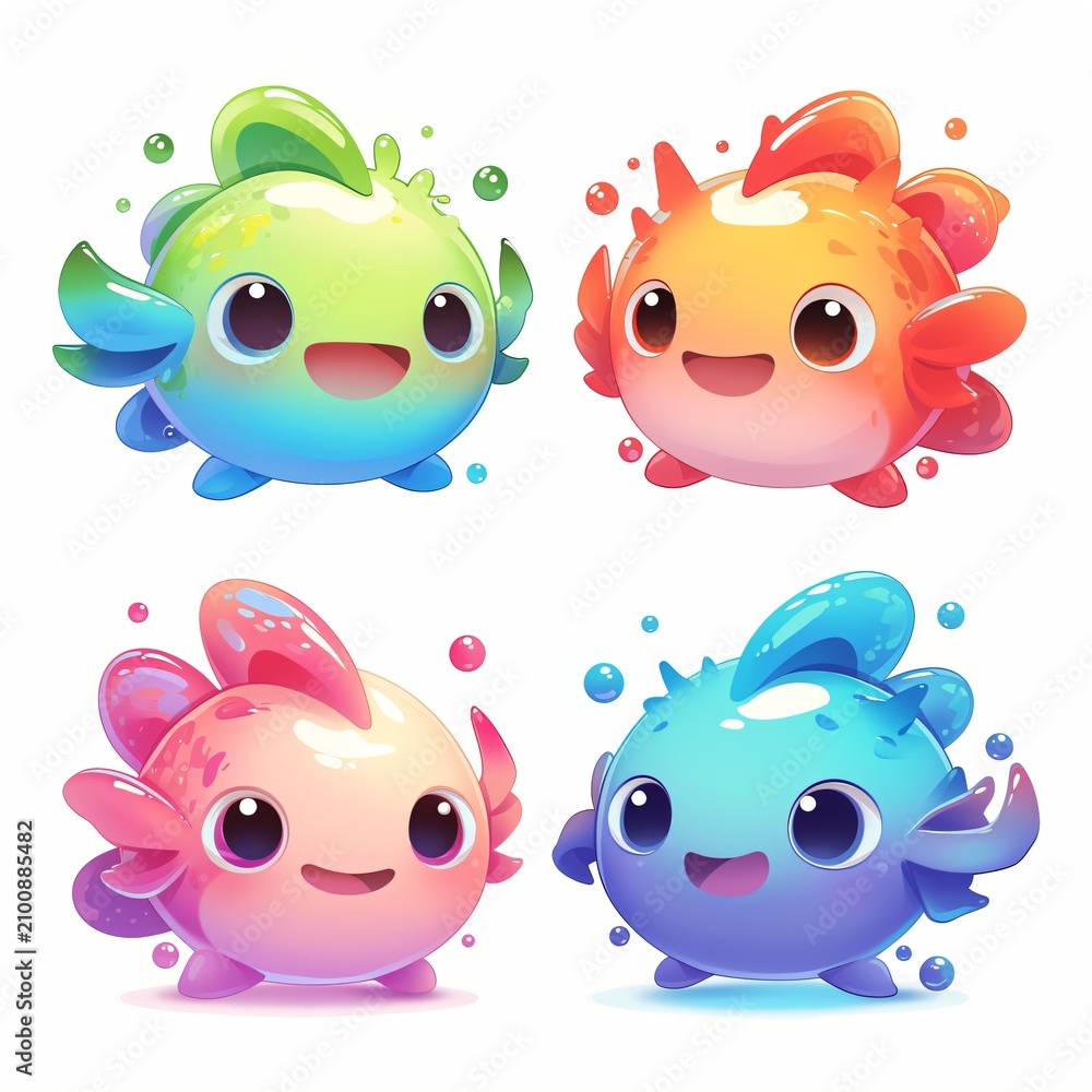 Obraz premium Set of four cute cartoon fish heads with colorful scales and big eyes. Funny underwater creatures for mobile game design. Digital art style character collection for kids project.