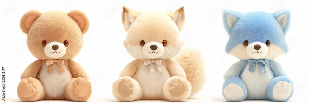 Fototapeta premium Set of cute plush toys featuring baby bear, fox and wolf. Soft stuffed animals for nursery decoration. Adorable collector items for child. Childhood comfort and friend concept. Banner with copy space