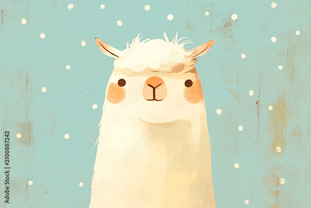Fototapeta premium Cute llama portrait in vintage art style. Funny farm animal illustration on blue background with snow. Decorative element for children room design and greeting card invitation.