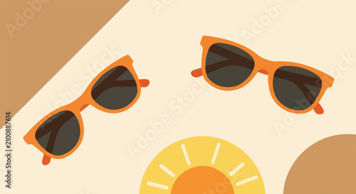 Fotografía Two pairs of vibrant orange sunglasses and a bright sun icon rest on a minimalist, abstract background with warm, earthy tones