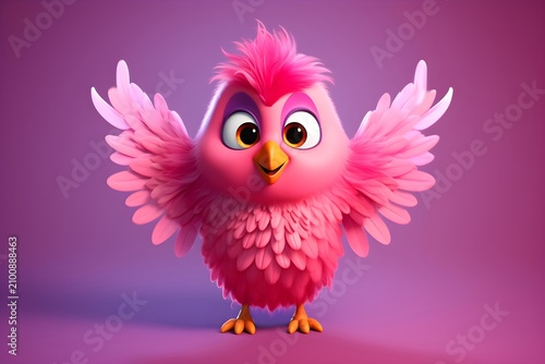 Animated pink bird with open wings standing on solid background. Cute character illustration for print, kids room poster, sticker and greeting card. Digital art of funny fluffy creature.