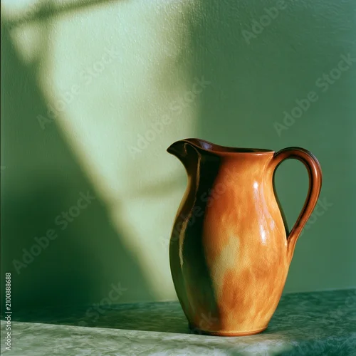 Obraz Amber ceramic pitcher on green tabletop with raking afternoon light