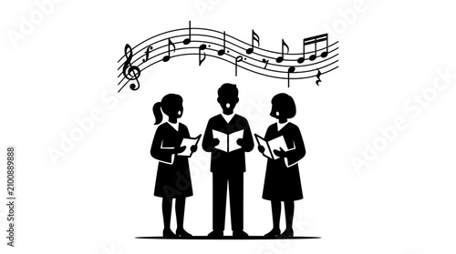 Black and white silhouette illustration of a children choir singing.
