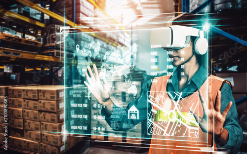 Fotografie Future virtual reality technology for innovative VR warehouse management